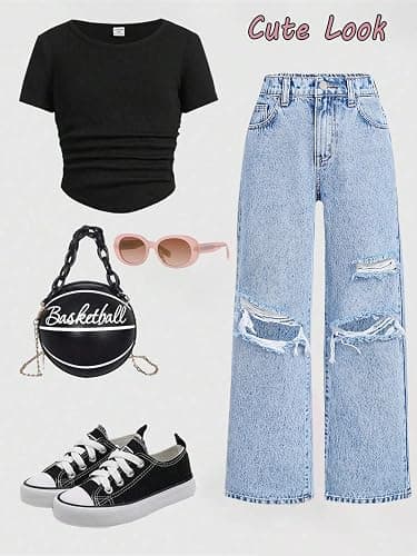 oyyniis Baggy Jeans for Girls Wide Leg Ripped High Elastic Waisted Denim Pants Cute Summer Trousers Y2K Streetwear 7-14Y - A1-ripped Light Blue - 9-10 Years thumbnail 3