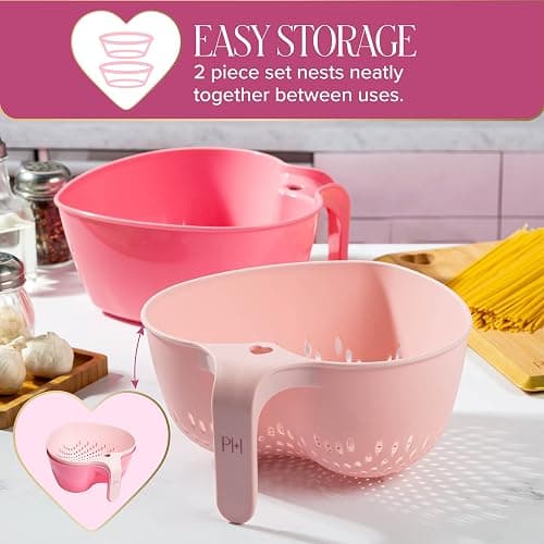 Paris Hilton Heart Bowl & Colander Set, Nesting 2-Piece Design with 3-Quart Capacity, Dishwasher Safe, Made without BPA, Pink thumbnail 4