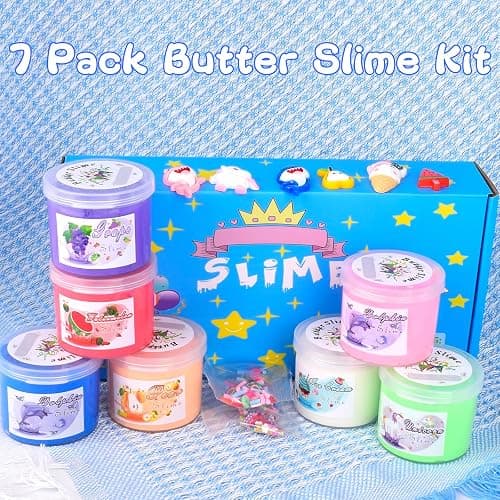 7 PACK KIT: Butter Slime Party in Pink, Blue, Ice Cream & Watermelon, Soft & Non-Sticky Scent Slimes for Kids, 7 Colors and Charms - 7 Pack Butter Slime(60ml) thumbnail 6