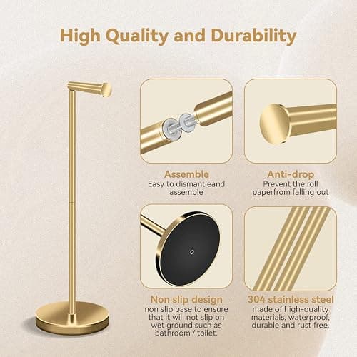 RRM Toilet Paper Holder Stand, Bathroom Free Standing Toilet Paper Holder with Reserve Storage 3-4 Toilet Paper Rolls (Golden) thumbnail 4