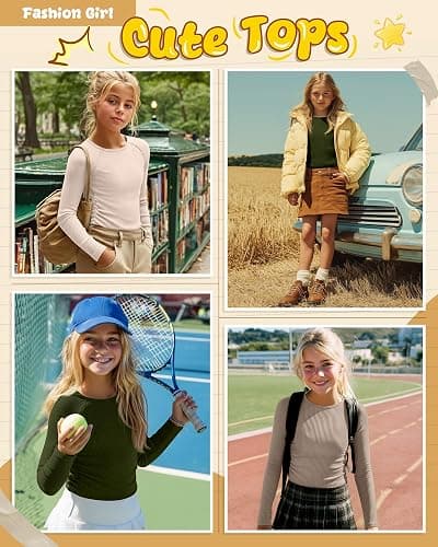 LessonZoo 3 Pack Girls Long Sleeve Shirts Ribbed Knit Draw Pleats Tops Slim Fit Crew Neck Cotton Undershirts Cute Sizes 5-14 thumbnail 2