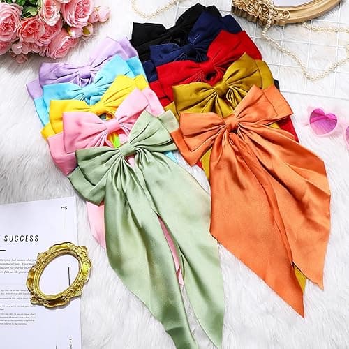 Mimorou 25 Pcs Satin Hair Bows Bulk Silky Big Hair Bows for Women Big Bow Hair Clips Large Hair Ribbons Oversized Long Tail Large Hair Barrettes Bow Knot Hair Clips Hair Pins Hair Accessories(Plain) - Solid thumbnail 7