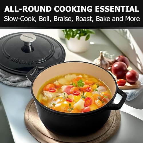 MUELLER HOME 6 Quart Enameled Cast Iron Pot Dutch Oven, Heavy-Duty Oven-Safe up to 500° F, & Across All Cooktops, Casserole Dishes for Ovens, Bread Pan with Lid and Knob, Cast Iron Cookware, Black thumbnail 7