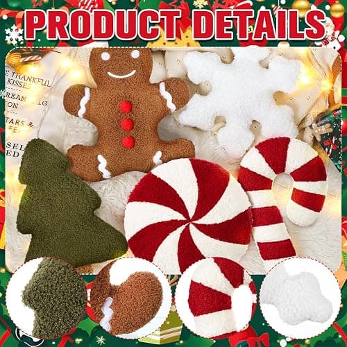 Memorywuu 5 Pcs Christmas Throw Pillows Xmas Tree Gingerbread Man Snowflake Pillow Stripe Candy Cane Peppermint Shape Cushion Stuffed Christmas Decoration for Home Sofa Bed Couch Party (Classic Color) thumbnail 4