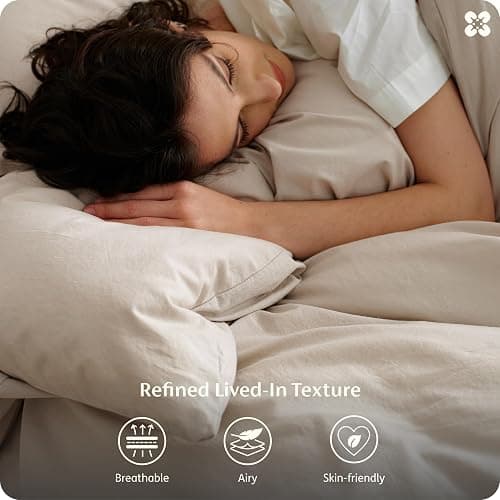 Bedsure 100% Washed Cotton Duvet Cover Queen Size - Oatmeal Minimalist Bedding Set Linen Like - PureWoven Plain Simple & Soft Comforter Cover for All Seasons (Oatmeal, Queen, 90"x90") thumbnail 5