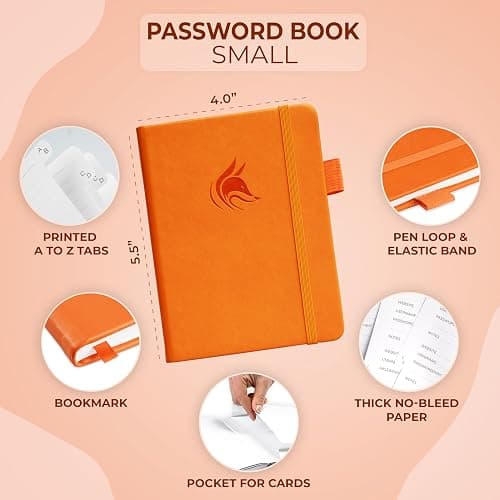 Clever Fox Password Book with alphabetical tabs. Internet Address Organizer Logbook. Small Pocket Password Keeper for Website Logins (Orange) thumbnail 3