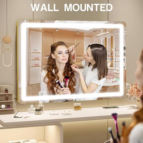 ROLOVE Gold Vanity Mirror with Lights, 32" x 22" Large Lighted Vanity Mirror with Dimmable 3 Modes, LED Makeup Mirror, USB Charging Port, Tabletop or Wall-Mounted thumbnail 5
