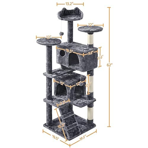 Yaheetech 62in Cat Tree Cat Tower for Indoor Kitty, Pet Furniture w/Double Condo, Scratching Posts, Multiple Platforms and Balls for Kittens, Dark Gray thumbnail 4