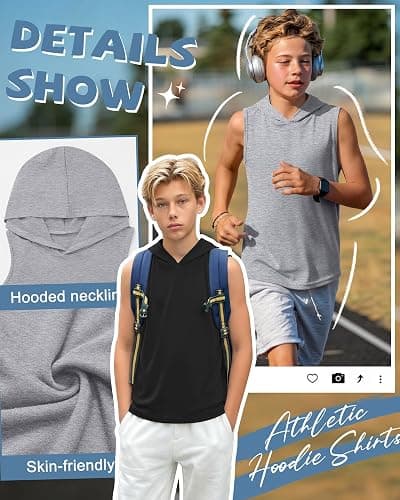 Oakgarden 3 Pack Boys Tank Top Hoodies | Sleeveless Shirts, Muscle Shirts, Workout Pullover, Athletic, Active, Summer, Casual, for Youth 5-16 Years, School, Running thumbnail 4