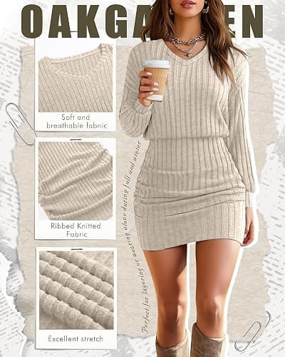 Oakgarden Women's Pullover Sweater Dress Long Lantern Sleeve Ribbed Knit V Neck Ruched Bodycon Mini Dress 2025 Fashion thumbnail 4