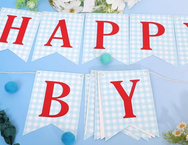 Blue and red Happy Birthday Banner - Happy 1st Birthday decorations, Blue Gingham with Red Letters Happy Birthday Banner thumbnail 9