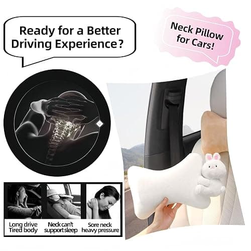 UINSUE Car Headrest Pillow 2PCS Plush Bear ＆ Bunny Car Seat Headrest Pillow - Memory Foam Neck Support Cushions for Comfortable Driving, Easy Install & Washable (White Rabbit) thumbnail 5