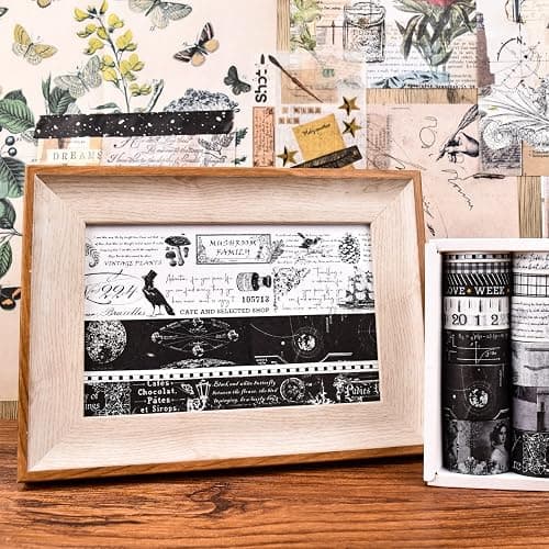 DAPUTOU 20 Rolls Vintage Washi Tape Set,Wide Floral Stamp Letter Old Newspaper Antique Retro Decorative Masking Tape Sets for Scrapbook, Craft,Kids, Scrapbooking Supplies (Black) thumbnail 5