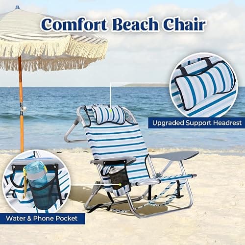 Canpsky 2 Pack Lightweight Portable Camping Beach Chair for Adults, Outdoor Lay Flat Folding Beach Chairs with 5 Positions, Backpack Beach Chair with Towel Bar, Zipper Pouch, Cup Holder, White Striped thumbnail 4