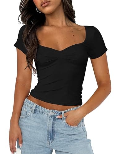 Cioatin Women Cute Sweetheart Neck Short Sleeve Crop Tops Ruched Summer Going Out T Shirt Y2K Clothes Tee Teens - Image 1