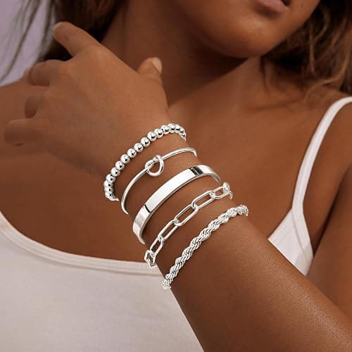 Gokeey Gold Bracelets Set for Women Non Tarnish, Waterproof 14K Gold Plated Sterling Silver Chunky Cuff Bracelet Stackable Gold Bangles Bracelet for Women Trendy Fashion Accessories Tie Knot Cuban Rope Paperclip Beaded Bracelet Stack Jewelry Mothers Day Gifts for Mom Birthday thumbnail 2
