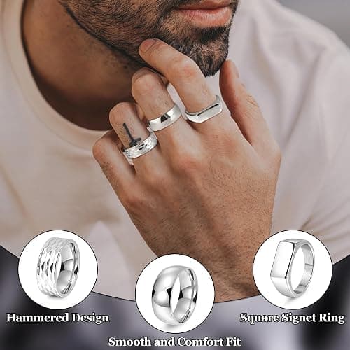 REVOLIA 3Pcs Stainless Steel Rings for Men 8MM Hammered Wedding Ring Set Square Signet Rings Pinky Silver Ring Simple Mens Band Rings Gold/Black/Silver Size 7-13 thumbnail 4