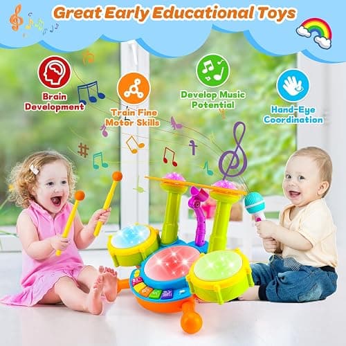 Kids Drum Set for Toddlers 1-3 Musical Baby Toys for 1 Year Old Boy Gifts Montessori Baby Girl Toys with Microphone Light Up Learning Toys Birthday Gifts for Infants 6 9 12 18 Months Toddler Age 1-2 thumbnail 5