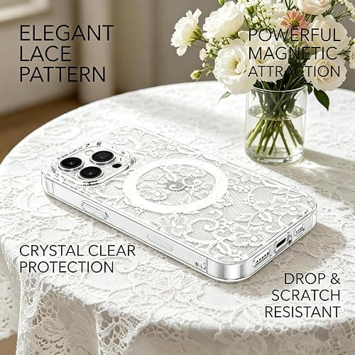 L-FADNUT for iPhone 16 Pro Max Case Lace Clear Flower Magnetic,White | [Compatible with Magsafe] Aesthetic Vintage Floral Lace Case Soft TPU Slim Shockproof Translucent Girly Cover Women Girls thumbnail 5