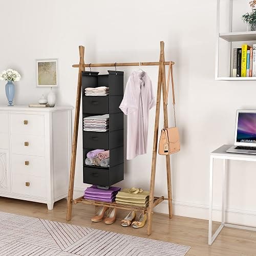 MAX Houser 6 Tier Foldable Hanging Closet Organizer with Hooks, Black-D3 | foldable lightweight fabric closet storage with 3 Drawers, space-saving design for Bedroom, Closet Hanging Shelf for Storage thumbnail 5
