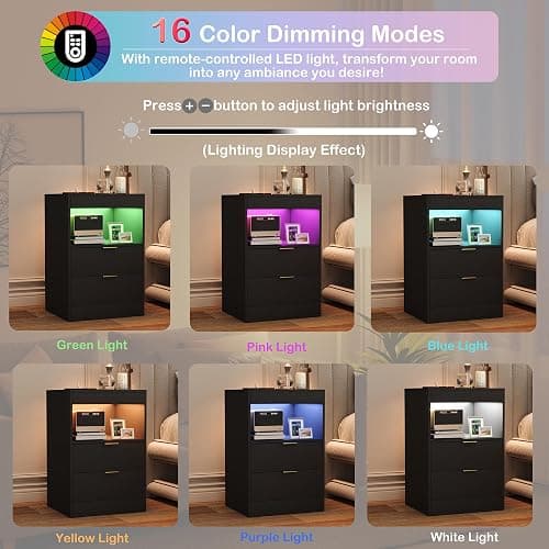 Yusong LED Nightstand Bedside Table with Charging Station 2 Drawers, Black Modern Sofa Couch End Side Table with Lights, Invisible Lock and Pull-Out Shelf for Bedroom Living Room thumbnail 6