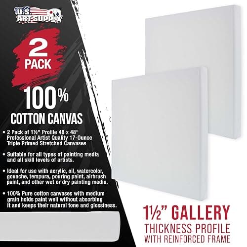 U.S. Art Supply X-Large Stretched Canvas for Painting 48x48 inch Gallery Depth 1-1/2" Thick, 2-Pack - 12oz Acrylic Gesso Triple Primed, Professional Artist Quality, 100% Cotton - Oil, Pouring Paint thumbnail 2