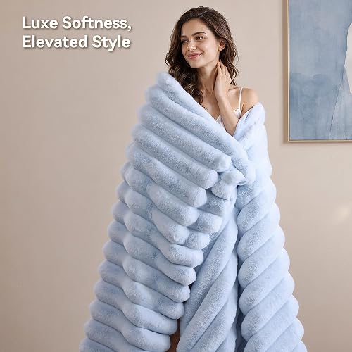 Smoofy Light Blue Fluffy Faux Rabbit Fur Striped Blanket 60"x80", 870GSM | Super Soft & Cozy Comfort Blanket, Luxury Fuzzy Fleece Throw, Perfect Home Decor For Sofa & Couch, Great Gift for Women thumbnail 6