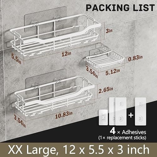 OMAIRA 3-Pack Shower Caddy with Soap Holder, Adhesive Rustproof No-drill Strudy Loading Inside Shower Organizer Shelves Rack Storage Bathroom Organization for Smooth Wall Glass Tile, White (X-Large) thumbnail 2