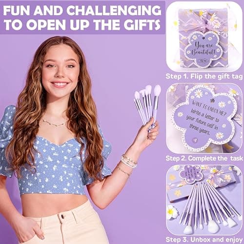 Easter Basket Gifts for Tween & Teen Girls, 8 PCS Birthday Gift Teenage Girl Gifts Trendy Stuff w/Fun Task Tag Makeup Brushes & Bag, Empower Positive Wrapped Gift Prefilled Stuffers for Daughter Niece thumbnail 6