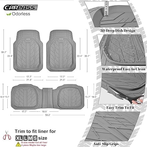 CAR PASS Deep Dish Rubber Floor Mats for Cars Full Set,Heavy Duty Car Mats,Universal Waterproof Trim-to Fit Automotive Floor Mats for Truck Van SUV, Durable All-Weather Car Mats 3-Piece (Light Gray) thumbnail 2