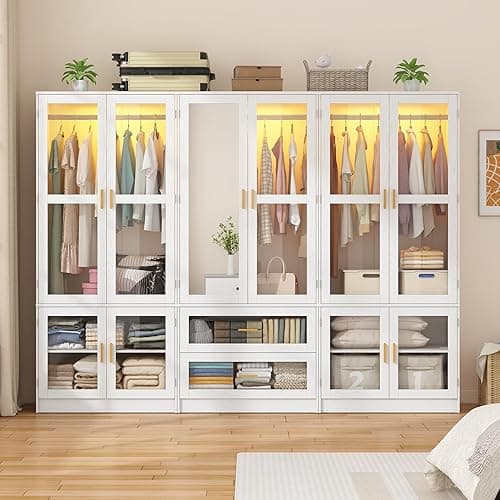 6 Doors Armoire Wardrobe Closet with LED and Mirror,71" H Freestanding Wooden Wardrobe Closet Cabinet for Bedroom w 2 Drawers,Wooden Clothing Storage Cabinet w Hanging Rod,Closets for Bedroom(White) thumbnail 10