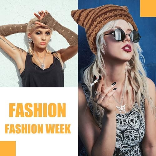 Sureio 25 Pcs Y2k Grunge Knitted Cat Beanie with Fairy Grunge Ripped Gloves Earrings Necklace Rings Monster Horn Accessories(Brown) thumbnail 3
