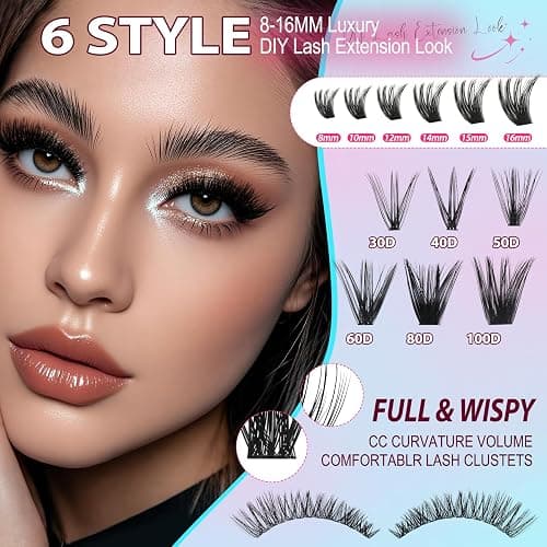 Lash Clusters Kit 708Pcs Individual Cluster Lash Extensions Kit 30D+40D+50D+60D+80D+100D Wispy Eyelash Clusters with Lash Bond and Seal and Tweezers 10-16mm 6 Styles Mix Lashes Clusters Kit thumbnail 5