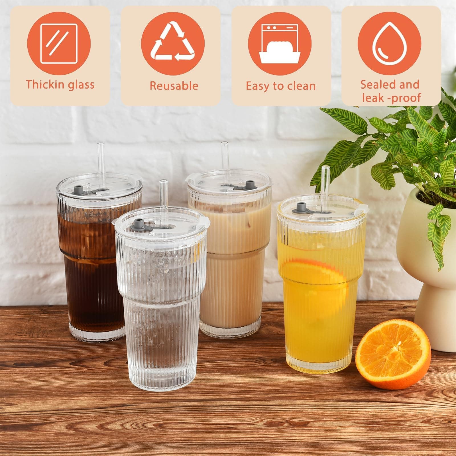VITEVER 20oz Glass Tumblers with Lids and Straws, Set of 2 - Stylish Ribbed Design Drinking Glasses for Iced Coffee Cups, Juice, Smoothies, Cold Beverages, Includes Cleaning Brush, Durable Glassware thumbnail 4