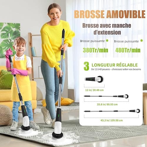 YKYI Brosse électrique Nettoyage rotative avec 8 têtes, Manche Extensible, 2 Vitesses, Batterie 2500mAh, étanche IPX7 – Brosse Nettoyage Salle de Bain et Cuisine thumbnail 2