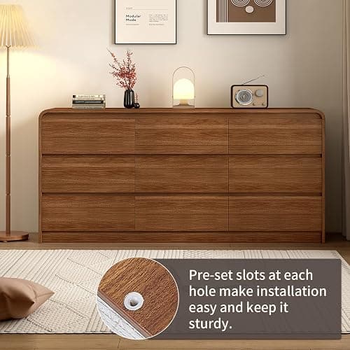9 Drawer Dresser For Bedroom 63 Inch Wood Chest of Drawers - Curved Anti Collision, Mid Century Dresser For Closet with Natural Texture & Pre-Embedded Slots for TV Stand, Living Room, Nursery thumbnail 5