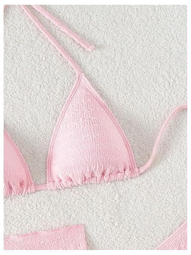 SHENHE Women's 3 Piece Textured High Cut Halter Triangle Bikini Swimsuit with Cover Up thumbnail 4