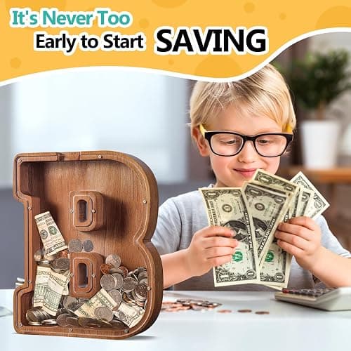 Summidate Large Wooden Piggy Bank for Kids Adults, Alphabets Letter A-Z Piggy Bank for Boys Girls, Coins Bills Change Bank Box Personalized Initial Name Kids Money Bank for Birthday Present and Decor thumbnail 4