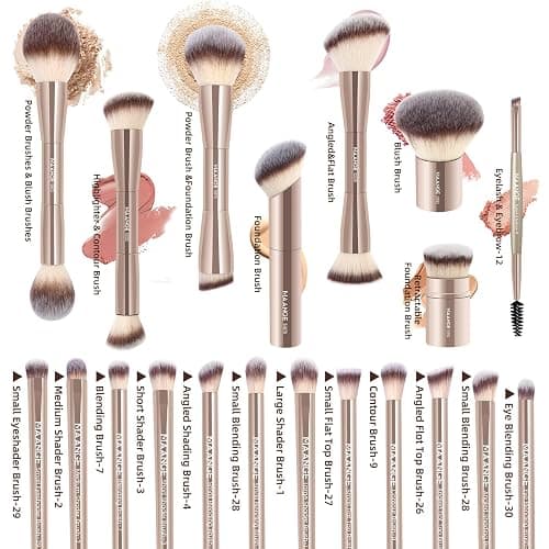 MAANGE 20 PCS Foundation Makeup Brush Set, Double-ended Kabuki Contour Brush for Liquid Powder Concealer Blending Blush Face Makeup Tools (Gold) thumbnail 8