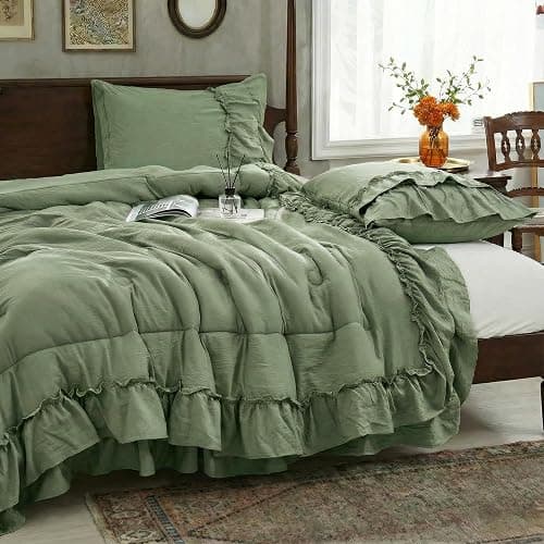 Bedding_Dreamer Sage Green King Size Comforter Set, 3-Piece Shabby Chic Ruffle Bedding, Soft Microfiber Boho Farmhouse Comforter for All Seasons thumbnail 3