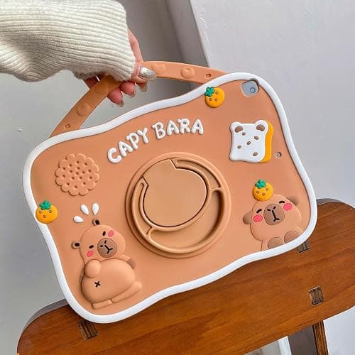 YOUSIDUN Capybara Kids Case for iPad 9th Gen(2021) / 8th Gen(2020) / 7th Gen(2019) 10.2 Inch,3D Cute Silicone Cartoon Cover for Boys with Rotating Stand, Adjustable Strap, Capybara Zipper Pouch- Beige thumbnail 2