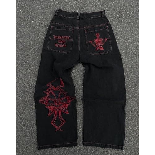 Y2K Jeans Men's Hip Hop Vintage Skull Embroidery Wash Denim Pants Gothic Straight Tube Loose Wide Leg Pants - Large - Black thumbnail 5