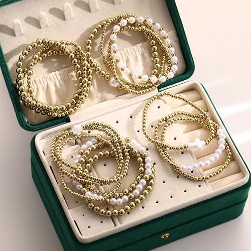 Pls Back 16 PCS Gold Bead Pearl Bracelet for Women, Gold Plated Beaded Strand Bead Ball Bracelets stack Adjustable Jewelry Set for Gifts thumbnail 3