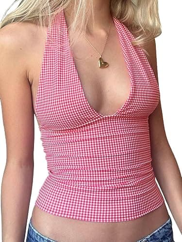 EMMIOL Halter Tops for Women Summer Crop Deep V Neck Blackless Tank Top Going Out Y2k Coquette Clothes - Image 1