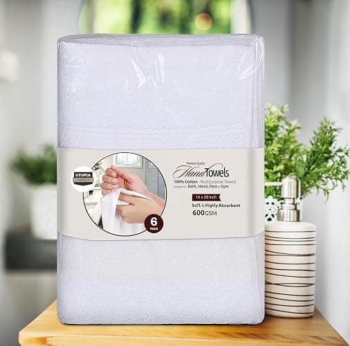 Utopia Towels 6 Pack Premium Hand Towels Set, 16 by 28 inches, 100% Ring Spun Cotton, Ultra Soft and Highly Absorbent 600GSM Towels for Bathroom, Gym, Shower, Hotel, and Spa, White thumbnail 9