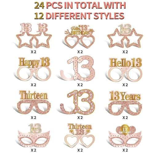 Guiruiy 24PCS 13th Birthday Paper Eyeglasses Decorations for Girls, Pink Rose Gold Happy 13th Birthday Eyeglasses Party Supplies, Funny 13 Year Old Birthday Thirteen Teenager Glasses Decor thumbnail 4