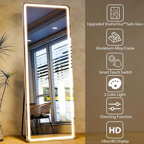 WISSMIELS Full Length Mirror with Lights,Tempered Glass 20"x63" Led Full Length Mirror with Dimming & 3 Color Lighting,Door Hanging & Standing Ideal for Bedroom, Dressing Room, Cloakroom Rectangle thumbnail 6