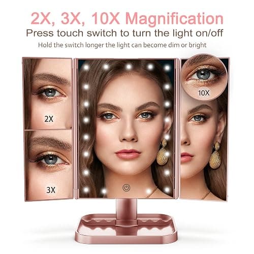 HUONUL Makeup Mirror, 10X 3X 2X Magnification, Lighted Makeup Mirror, Touch Control, Dual Power Supply, Portable LED Mirror, Women Gift (Rose Gold) thumbnail 5