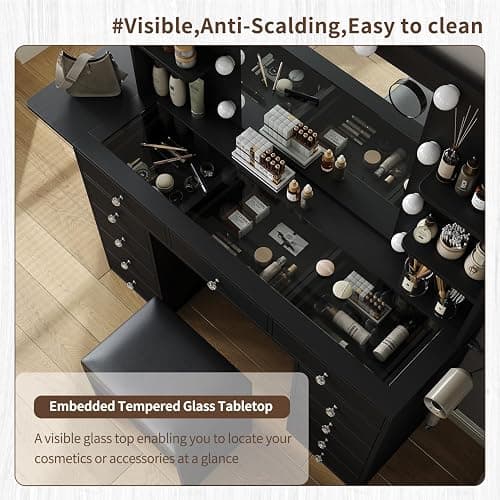 11 Dawers Vanity Desk, Makeup Vanity with Power Outlet, Glass Top Vanity with Mirror and Lights, 3 Colors Adjustable, Vanity Set with 4 Shelves and Fold-up Panel, Vanity with Chair for Bedroom, Black thumbnail 5