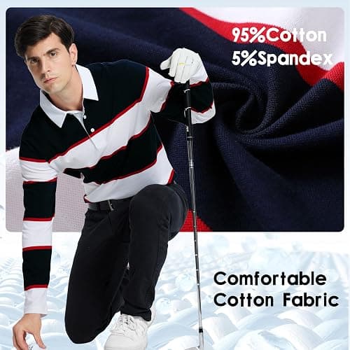 Men's Polo Shirts Long Sleeve Striped Dry Fit Casual Collared Pique Golf Polo Shirts for Mens thumbnail 3